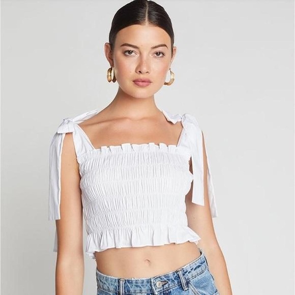 Choosy Tops - White Smocked Tie-Shoulder Crop Top